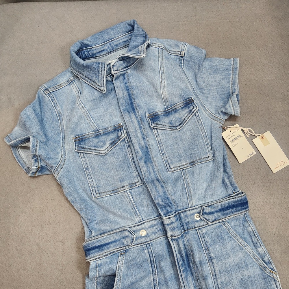 Good American Denim Jumpsuit Light Blue Utility‎ Boiler Suit Womens Size S